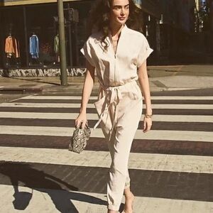 Express Cream Zip Front Utility Jumpsuit